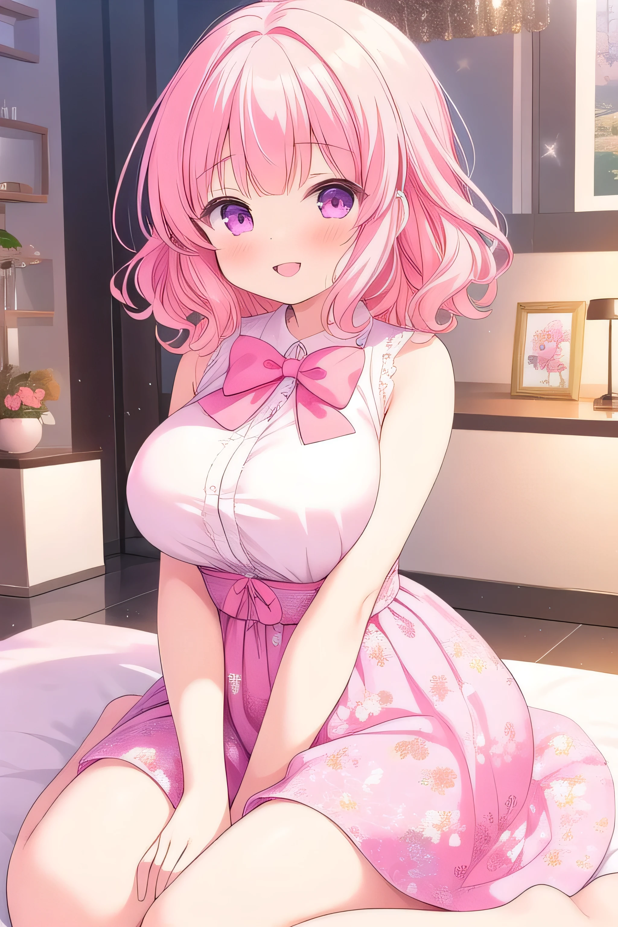 (masterpiece, best quality), highly detailed background, perfect lightingbest quality, nittamoeka, solo, indoors, pink hair, hair bow, pink bow, curly hair, short hair, purple eyes, pink eyes, large breasts, white shirt, pink skirt, floral print, smile, pink lips, tall adults, beautiful, fully shoulders, open mouth, on store, lay down,