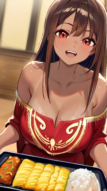 (Best quality:1.3), brown ponytail, large breasts, cleavage, off shoulder kimono, nipples, (pov, close shot), erotic face, smiling