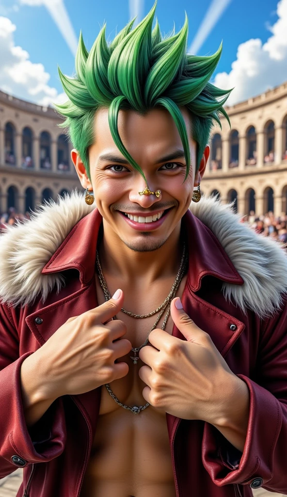 high resolution、Realistic、masterpiece、8k、Russian man、Young people、tall、Green reverse hairstyle、Long Hair、cheekbones are protruding、Shaky jaw、(((no eyebrows)))、Sharp eyes、Bad teeth alignment、Sharp teeth、Nose ring piercing、smile、Large tattoo in the center of the chest、Dark red feather collar jacket、open breast、On the boat