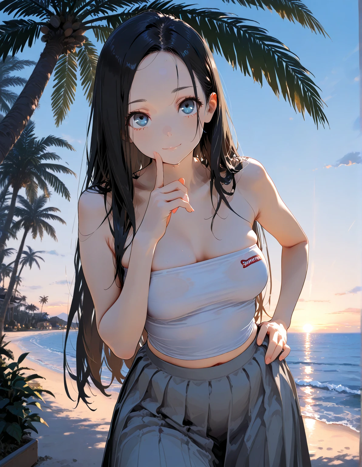 topless, large nipples, nipples, girl in pink pants standing on balcony overlooking beach and palm trees, standing near the beach, full figure, standing beside the ocean, puffy nipples, near the beach, standing at the beach, posing on a beach with the ocean, looking out at the ocean, ocean in the background, vacation photo, small breasts, brown hair, green eyes, shoulder length hair, teen, body, narrow waist, ,railing, pink jogger pants, balcony