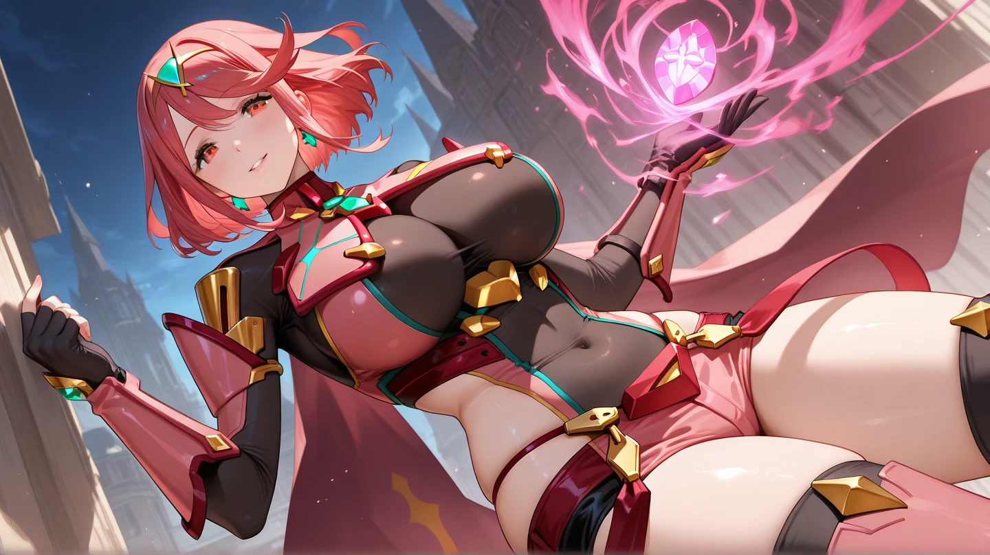 pyra \(xenoblade\), teen_1girl, , armor, bangs, black gloves, breasts, red eyes, light_open_mouth, earrings, eyelashes, fingerless gloves, floating hair, framed breasts, gem, gloves, hair ornament, headpiece, jewelry, big_breasts, leaning back, swimsuit, neon trim, official art, pose, red hair, saitou masatsugu, short hair, sidelocks, skin tight, solo, swept bangs, thighhighs, tiara, fantasy_town_background, underbust, vambraces, xenoblade chronicles \(series\), (xenoblade chronicles 2), (spread_legs:1.1), fire_effect,dynamic_pose,fighting,light_smile, (plump:1.4), big_ass,huge_sword, hold_large_sword_hilt, covered_nipples, (covered_pussy:1.2),cameltoe,back_view, fists,ponytail,plump,beautiful_fingers,(solo:1.1)