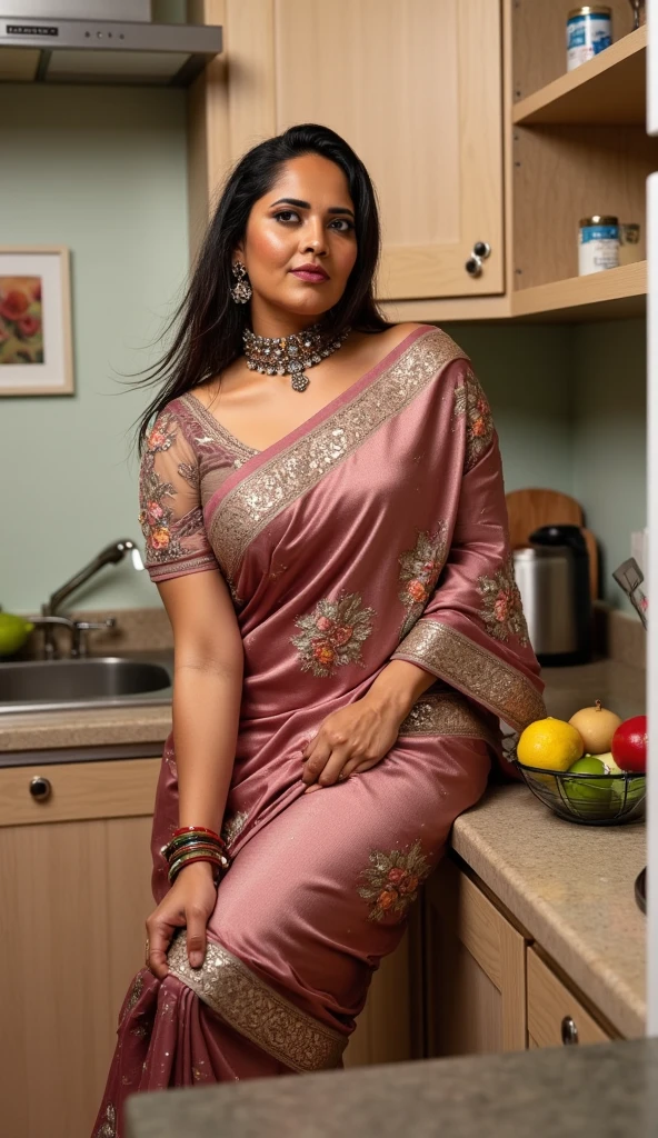 Create a Indian beautiful girl wearing a maroon colour dress, she cooking on royal kitchen‌ And eating food more attracted