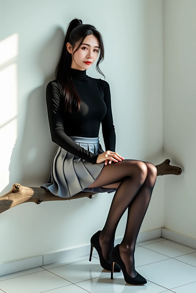 (8K high image quality), (top-quality), (RAW image quality),Photorealistic light and shadow,Realistic skin details,（Super Detail）, long flowing black hair, 1-girl, Cute,Beautiful detailed eyes, beautiful detailed nose ,High image quality, excellent details, Ultra-high resolution, smiling, slender,, pleated skirt, tight turtleneck sweater, thin, hourglass shape, red lipstick, big breasts, pantyhose, large breasts, beautiful Japanese woman, full body shot, crossed legs, eye contact