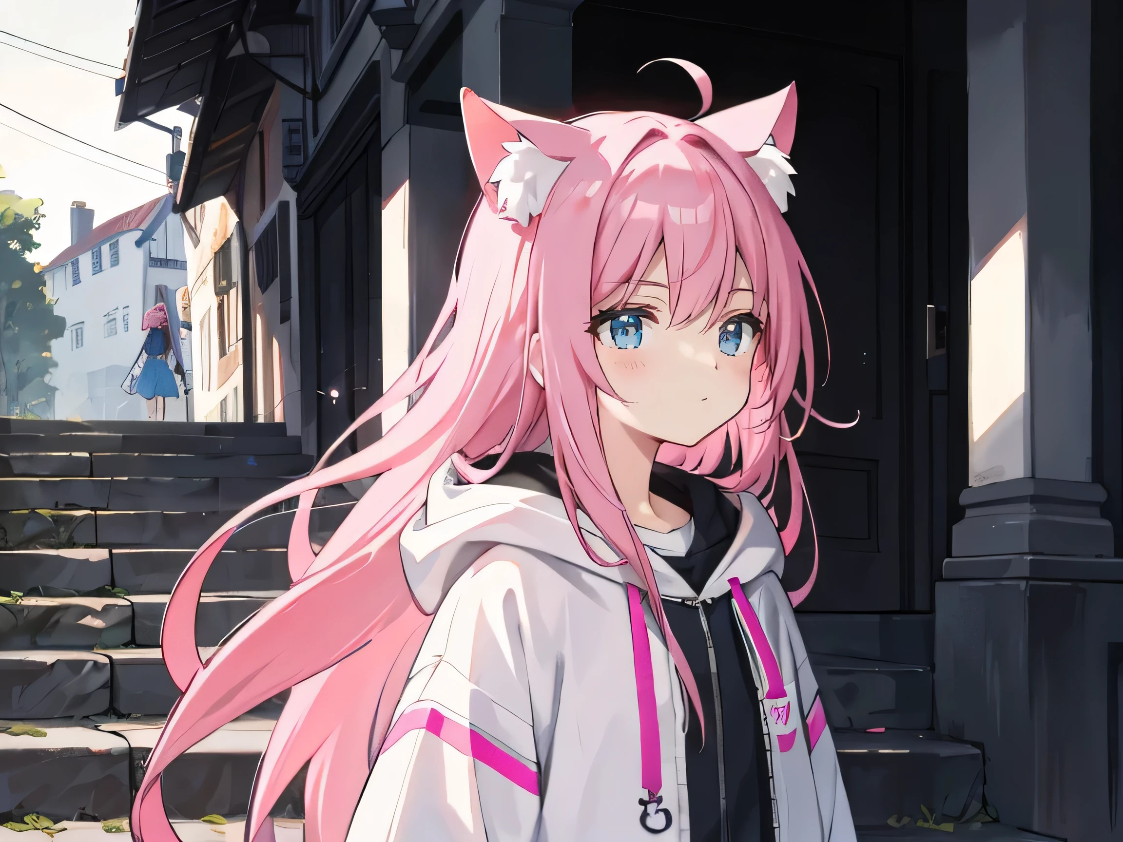 tmasterpiece,best qualityer,ultra - detailed,illustratio,White hoodie,(Impresionismo:1.4),long pink ombre hair, has pink cat ears, black tail cat, ,Head to side,exhausted face,A sad expression,Far-lens field of view,Shabby stone steps,Gloomy weather,vintagestyle,Stand with your back to the audience,Place your hands on your back,Long ombre hair,pink hair,blue pupils