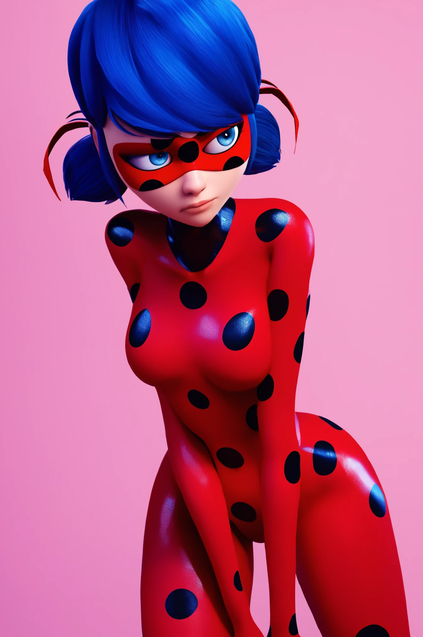 score_9, score_8_up, score_7_up, imtdldybg, 1girl, bodysuit, mask, domino mask, polka dot, low twintails, short twintails, blue eyes, blue hair, hair ribbon, superhero, skin tight, very tight bodysuit, expressionless, wide hips, medium breast, fit body, rating_questionable.,Expressiveh