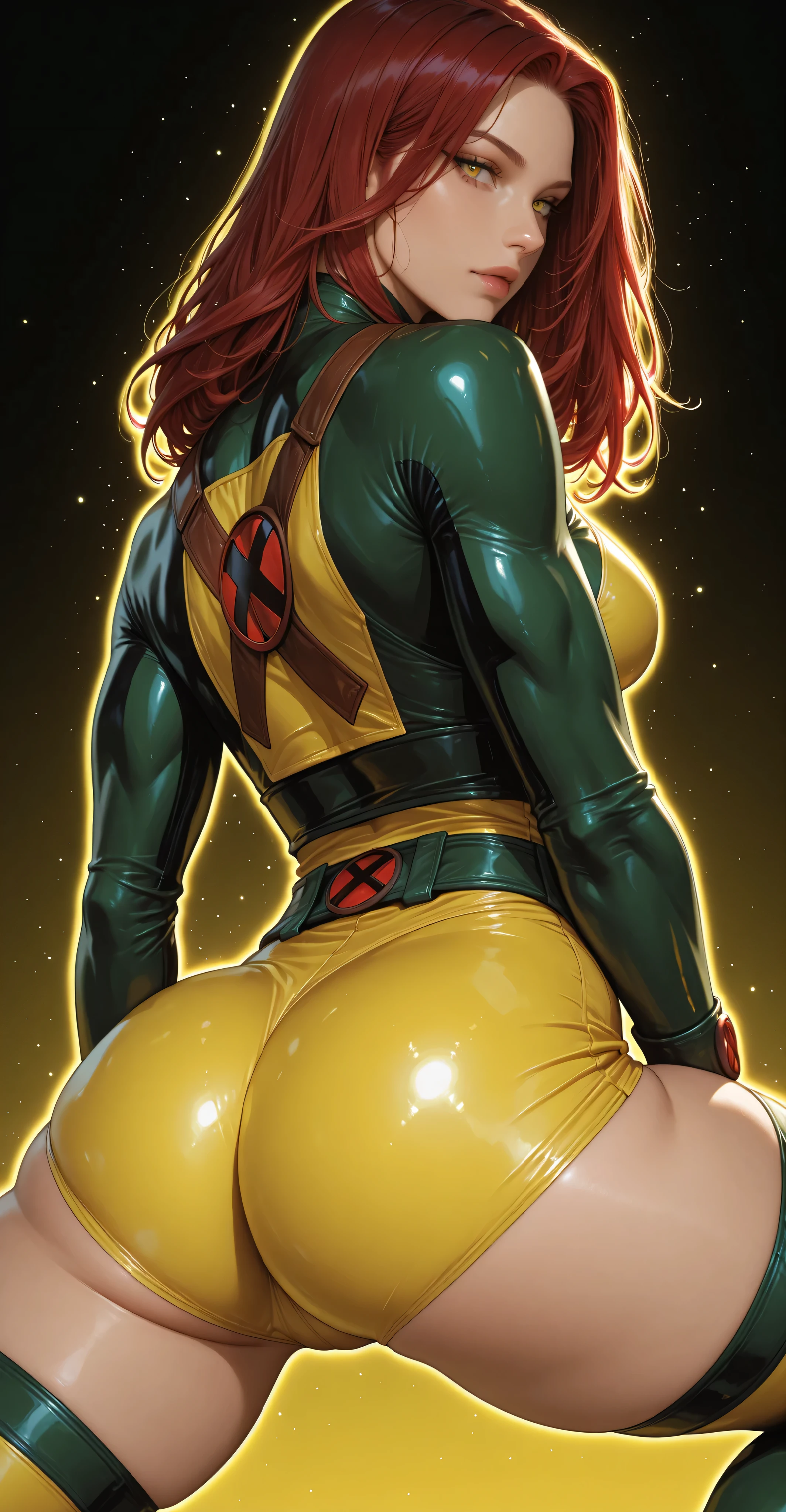 Roge| x-men,green and yellow 90's original outfit,thick ass, thick legs, voluptuous, medium breasts,close-up on ass,spreading legs, beautiful face,black to red gradient background, glowing outline, light particles,looking back at viewer ,single girl, 1girl