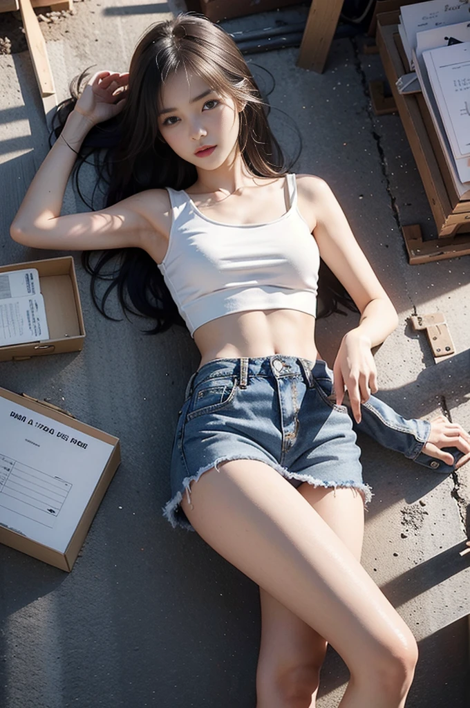 Very young girl with curly black hair, hyper white skin, he would be, very thin, white short sleeve shirt, with black vest with gold buttons, ripped jeans and torn at the knees, black tennis shoes with white sole, short socks, cara circular, very short