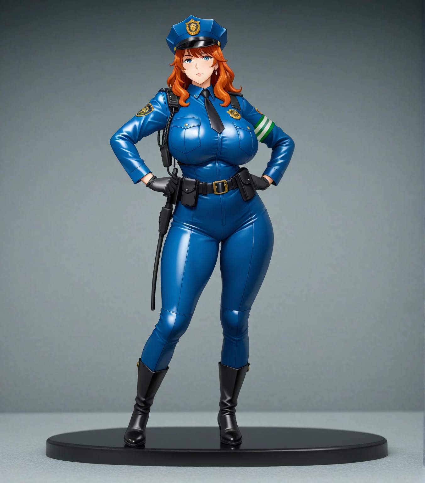 A thrilling casino with gamblers trying their luck at various games., (science fiction:1.2),  1girl, large breasts, In shape, Square Face, Caramel Skin, Narrow Nose, Plump Lips, Sharp Chin, Coral satin lipstick, sunglasses, red Silky Hair Long Hair Updo, 3/4 body shot,  (blue yamatosuit :1.2), gold trim, belt, makeup, red lips, grey-blue eyes, standing, realistic skin texture, detailed background, beautiful and detailed artwork, <lora:add_detail:0.75>  <lora:attire_yamatosuits:1>