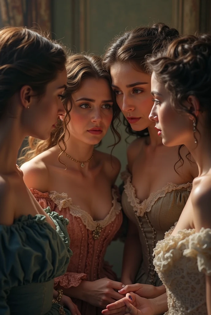 Their wives, dressed in elegant, corseted gowns with full skirts, whispered softly to one another, occasionally glancing out of the window at the rolling countryside. One woman's face was framed by dark curls, her green eyes sparkling with curiosity and intelligence. Another had porcelain skin and auburn hair, her warm brown eyes filled with gentle wisdom and kindness in the train