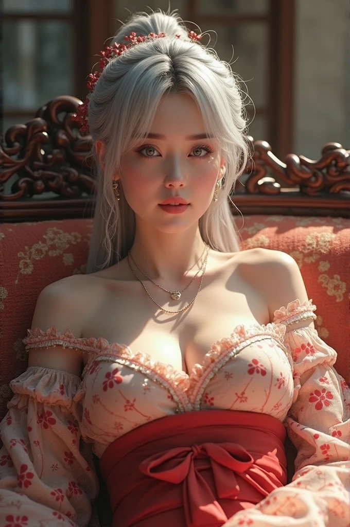 An unparalleled masterpiece, Hyper-realistic 8K CG, perfect work of art, ((perfect female figure)), white hair, red eyes, mature women, milf, Willow Yao, chinese god, looking at the audience, Seductive pose, sexy pose, Tempting, Clean, pretty face, pure face, pale skin, Ridiculously long hair, (huge breasts, NSFW, Breasts sticking out, puffy nipples), skin shiny, Dentate skin,Exquisite pattern, intricate details, (rich:1.4), (Extremely detailed 8K Chinese long embroidered silk robes and long silk dresses and dresses:1.2),slim