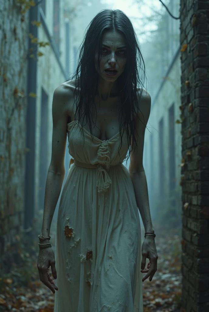 A female zombie with a very alluring appearance, standing in a dark, eerie forest. She has decayed but very attractive features, a large chest, wearing a tattered dress, partially exposed skeletal elements, and decaying flesh. She is in an action pose, slightly bent forward with one hand reaching out in front of her and the other held closer to her body, as if she has just discovered something interesting. Her expression shows curiosity and focus. The setting is atmospheric with mist swirling around the trees and a faint, eerie light illuminating the scene