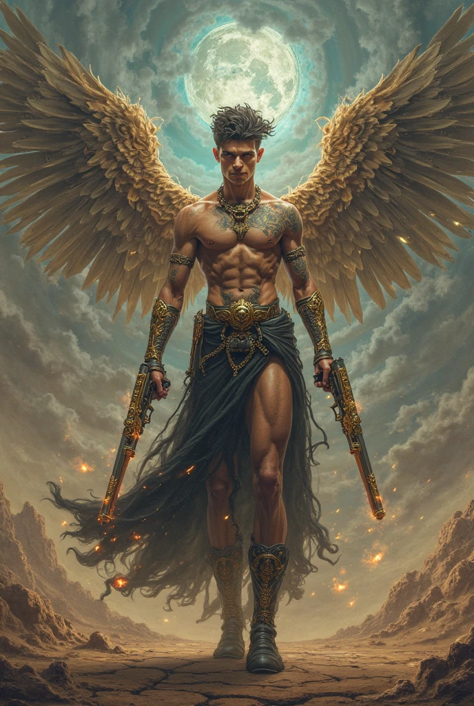An epic bald angel half angel half demon with blacksmith hammer with tattoos of the letters MJAZ VG with fire on his right hand and white light on his left hand
