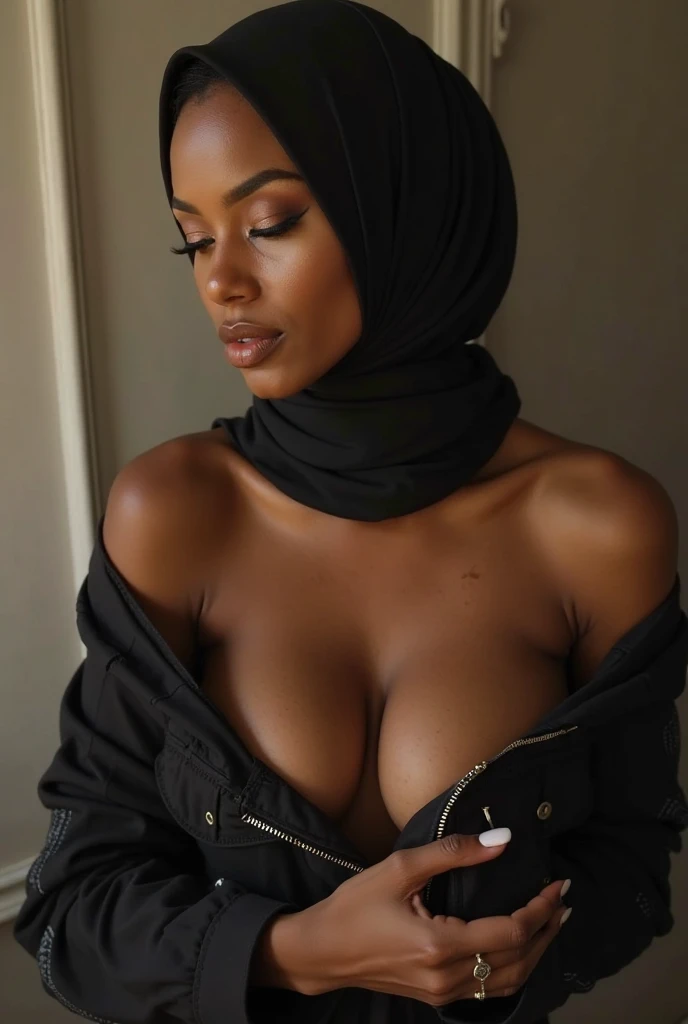 RAW photo,dark,moody,hazy atmosphere,35mm focal lenght,underexposed,cold,candid photograph,artistic,portrait,photo of a beautiful,fully naked,influencer,30yo Arab woman,hijab,detailed skin,fully naked,looking at viewer, thick body structure,grey background,no background, candid pose,dim room,blue light, film grain, kodak color, instagram LUT