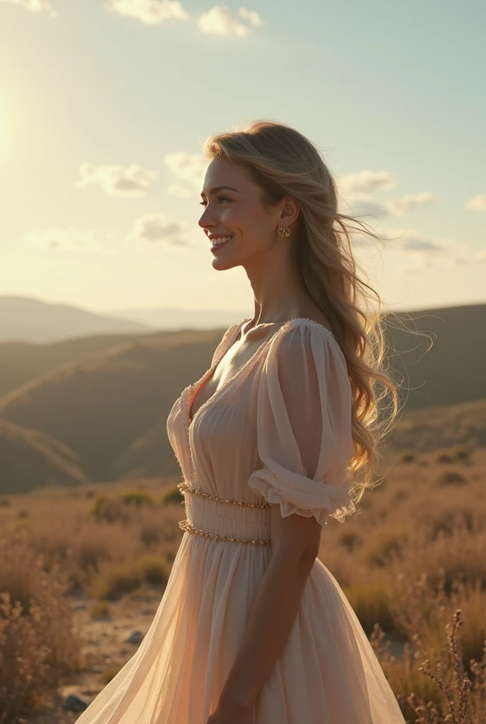 a 30-year-old woman with long, curly hair, blonde highlights, thin, walking, and smiling with Jesus