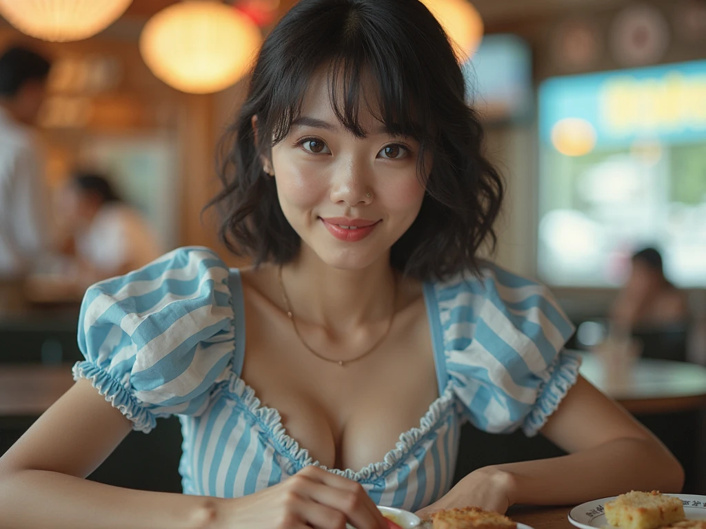 1952, Seoul, (1 korean young girl), (((fifties style striped pattern waitress costume))),(((idol pose))),(((bare inner thigh))),(((Show cleavage))),(((pastel colored socks pumps))),(big breasts, strikingly beautiful, delicate facial features, porcelain skin, expressive eyes, black hair, red lips), (hairstyle of the 1950s),(Raw photo:1.2), (Photo realistic:1.4), top-quality, masterpiece, highly detailed, 8k wallpaper, (retro pop diner), smile, Opening Mouth, cowboy shot,