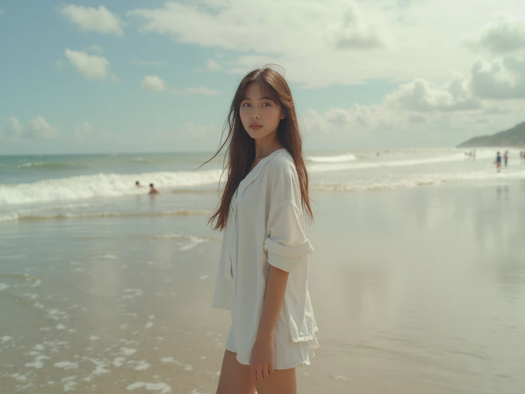 teens girl，By bangs，dual horsetail，Short-sleeved shorts，athletic sneakers，Background sandy beach，stand on sand，All body