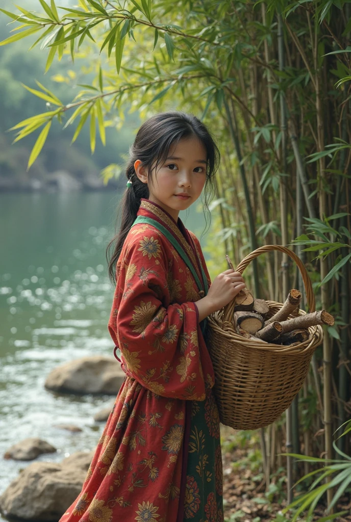 At night, in the bamboo grove, there is one very thick bamboo stalk, with a large hole at its base that is glowing, and inside it is a cute baby girl.。A very thick bamboo、bamboo cutter story、Kaguyahime、Japanese folk tales、