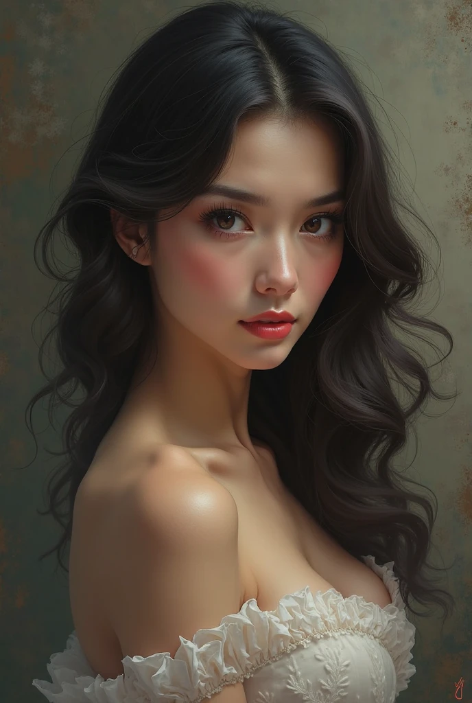 A delicate, 3D water color paint shows a full body naked beautiful Thai woman, her features rendered in subtle shading and precise lines. The framing is focusing attention on the subject's sweet face, very big eyes, very high nose, thick and long eyebrow, thin and wide lips. Soft, feathery strokes convey the gentle texture of her long hair, small and firm breasts, bare foot, large pussy