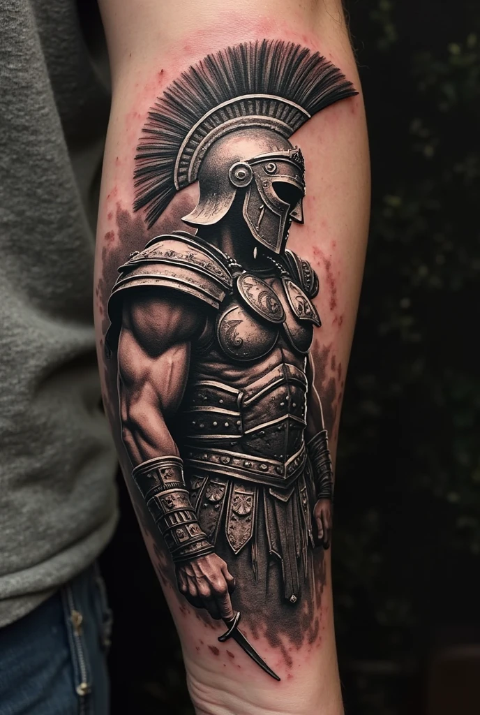 A tattoo of a Spartan warrior with a sword surrounded by the Versace symbol
