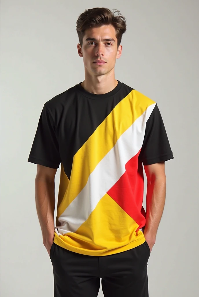 Create an image of a dark yellow t-shirt with blue and white
