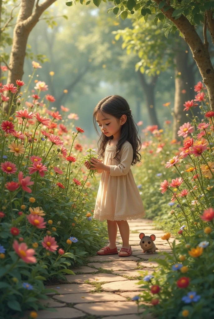 (Best quality at best,realistically,A high resolution),actual,girl (age 5),Pick flowers from the ground