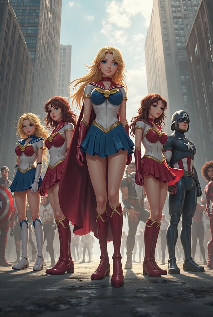 1girl, 2girl, 3girl, 4girl, 5girl, 1girl wearing super woman suite with short blue skirt and S logo on chest, 2 girl wearing spider girl suite wit short red skirt an spider logo on chest, 3girl wearing bat girl costume short skirt Batman symbol on chest, 4girl wearing capatin american costume holding round shield short skirt, 5girl in iron man armour, all of them standing on top of a building, city skyline visible