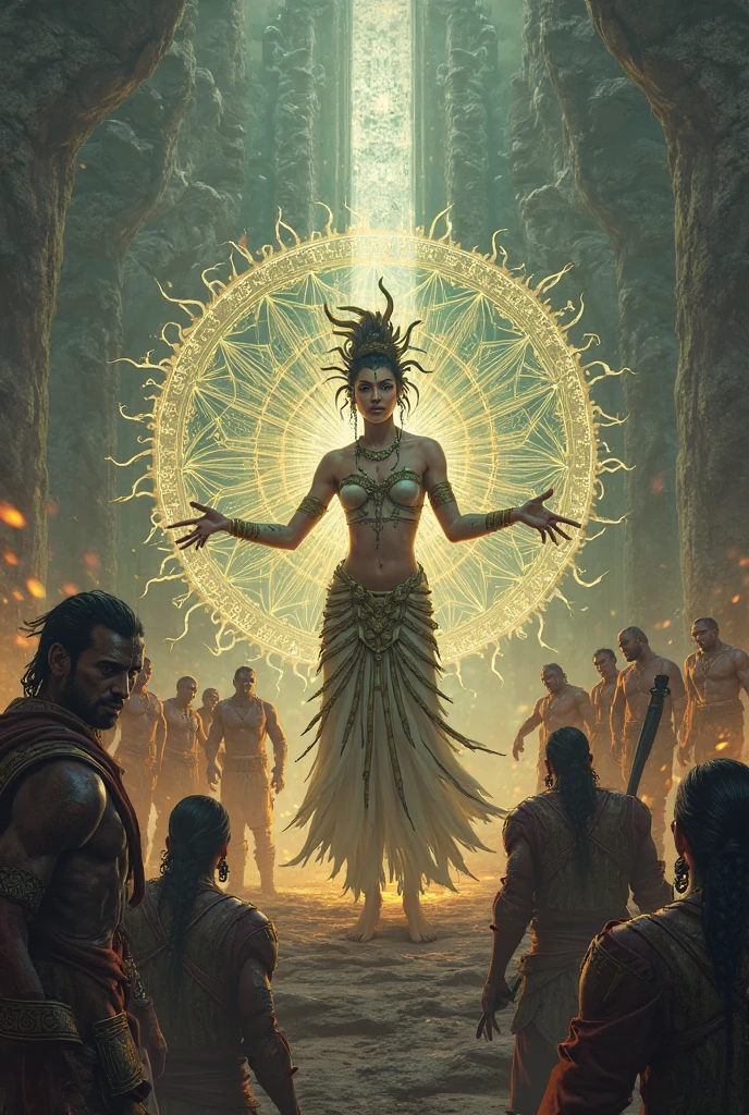 anime aestetics, anime scenery, huge cave, ancient monument standing in the center, statue of the goddes of fertility, old statue, covered in moss, curvy figure, cave vovered with different kinds of krystals, saphires, amethists, rubies, dim light, shiny crustals, mystic atmosphere, beautiful shine, a lot of colours, dnd, heroic fantasy, from above, wide shot, perspective, atmospheric perspective, 4K, 8k, highres, best quality, super detail, award winning, masterpiece