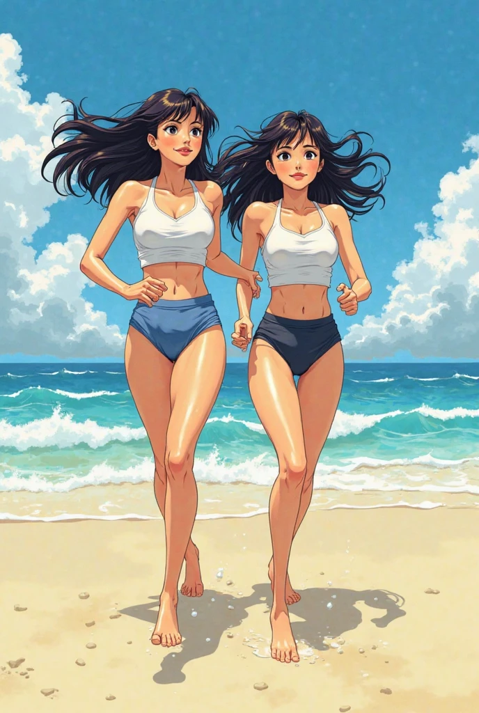 Ronnie Anne, hoodie, shorts, black eyes, ponytail, tanned skin, full body, curvy arms, defined legs, beautiful, pose, in the beach, long socks, curvilinear legs. one leg raised the other on the floor, stretching out a leg, two girls stretching and crossing legs between them