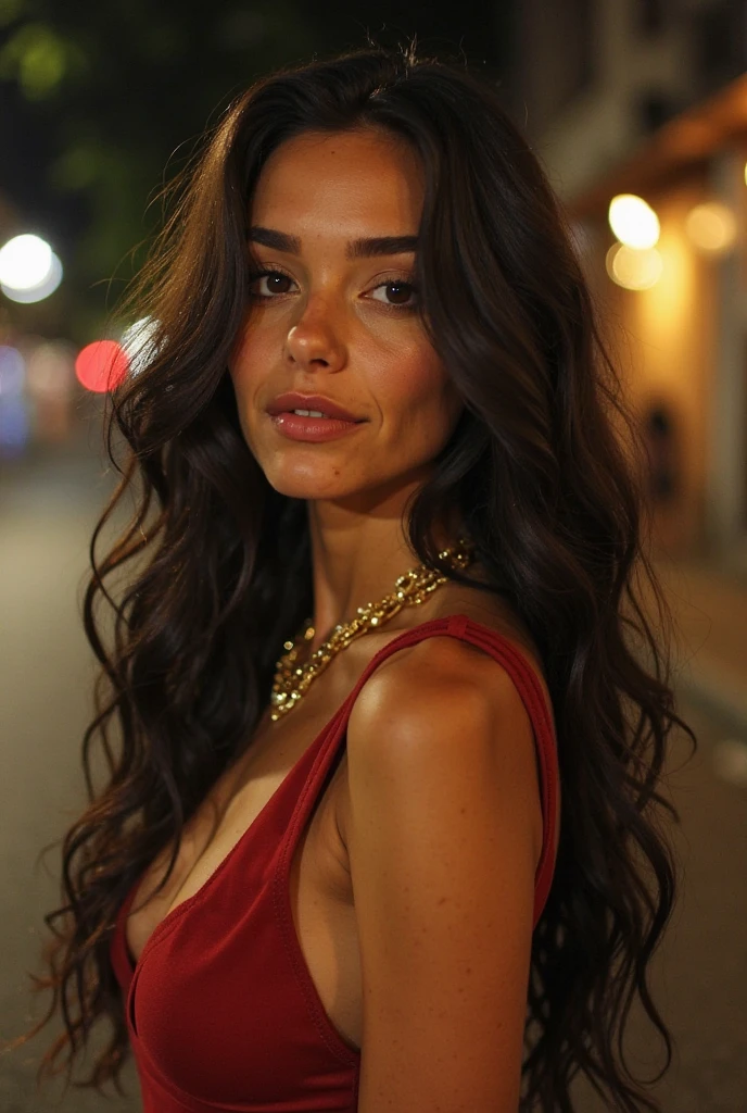 Sexy woman, Albanian, 30 years, cute, neat face, detailed, small neat nose, neat plump lips, big eyes, brown eyes, Alice Milano, long hair, curly hair, natural shine, chocolate hair, in luxury clothes, hot girl walking near ocean, at night, portrait, focus on face, gorgeous, western, (masterpiece), best quality, high resolution, extremely detailed, depth of field