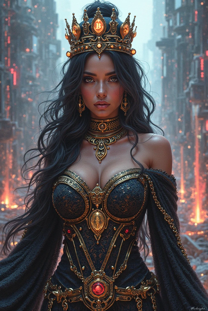 Beautiful woman, goddess of the dark, with her guards