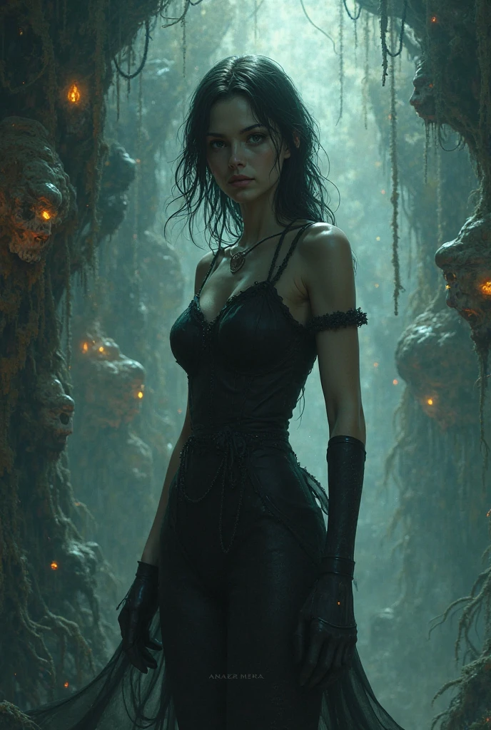 Ultra detailed illustration painting of a luminous and enchanting bad girl undead/human-like creature with dark hair standing leaning against a stone wall, dynamic pose, dimly lit dark fantasy realm enviroment, close mid shot, rule of thirds depth of field intricate details, concept art, subtle colors, fantastical realm, extremely detailed, ultra sharp focus, light particles, attention to detail, grandeur and awe, cinematic, stunning visual masterpiece, double exposure, 8k, photorealistic, strong outlines, cinematographic scene