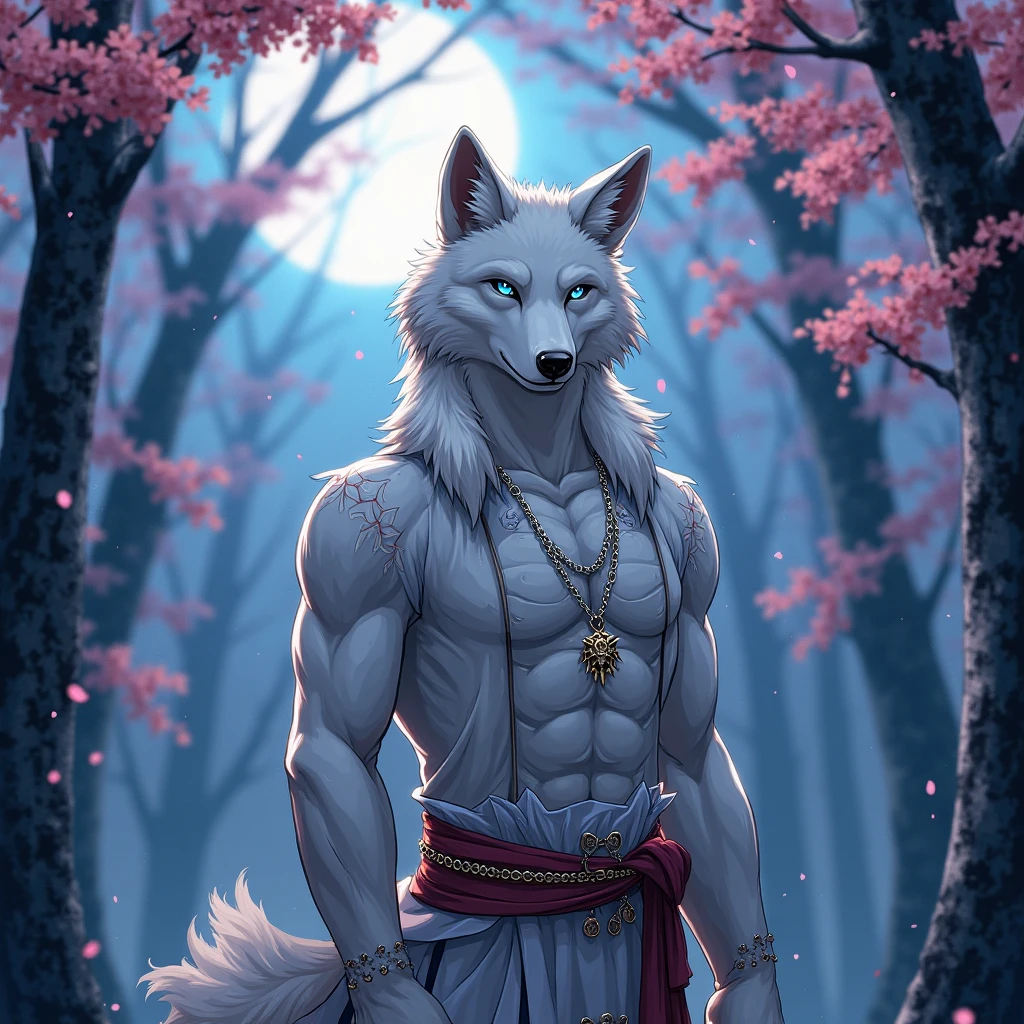 A striking image of a male wolf with a muscular build and thick legs, shiny white long hair ,Black body with white belly ,Wearing a Japanese white loincloth and with an erect crotch,Red eyes、There is red eyeshadow , Kind eyes looking into the distance, A fascinating nude atmosphere , Cherry blossoms blooming in the moonlight