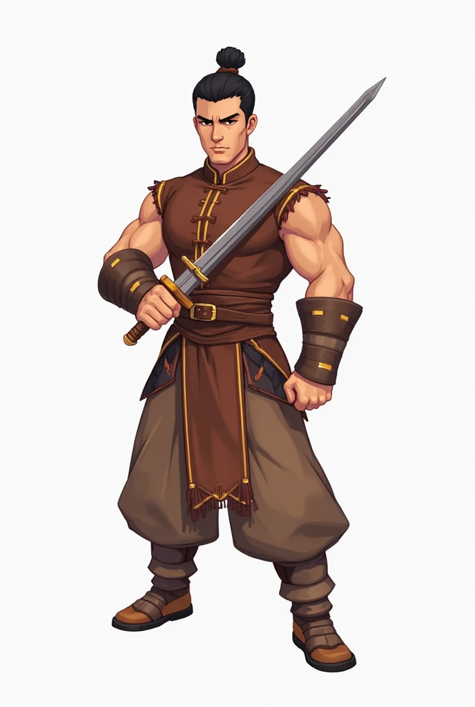 2d platformer game asset, game character, handsome warrior with short spiky black hair, wielding a sword, facing right,full body shot,plain background