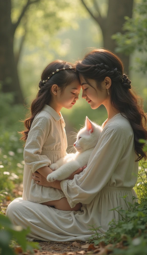 A high-definition, ultra-realistic depiction of a pregnant girl with a 10-month baby bump, accompanied by the transparent spirit of a silver-gray American Shorthair cat, silently guarding her. The scene is surrounded by her and the cat’s favorite flowers: blue plumbago, orange jasmine, and osmanthus, filling the air with a fragrant and aromatic presence. The overall atmosphere is protective and serene, with detailed and lifelike textures, vivid colors, and deep emotional resonance.
