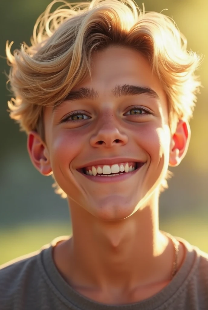 A bright teenager boy were yellow T-shirt, seeing in camera
