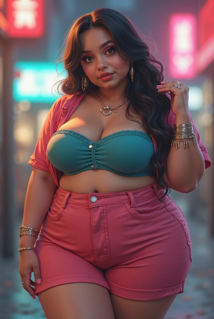ssbbw, big belly, best quality, masterpiece, sleeveless tee, Tight, belly button exposed, H-shaped skirt that reveals more than 10cm above the knees, High heels that are very flashy and have a heel of more than 7 cm., large, colorful necklace, large and colorful earrings, large and colorful bracelets, Stockings with colorful and unconventional colors and patterns, Underwear with flashy and unconventional colors, patterns and shapes