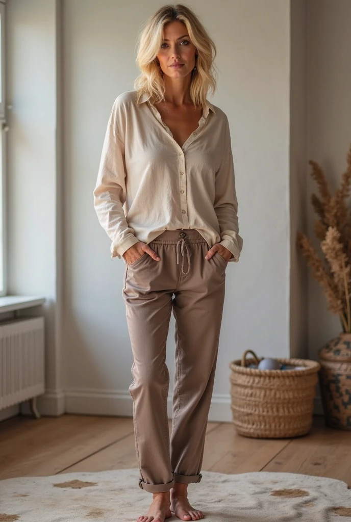 Margot Robbie close-up at home standing barefoot