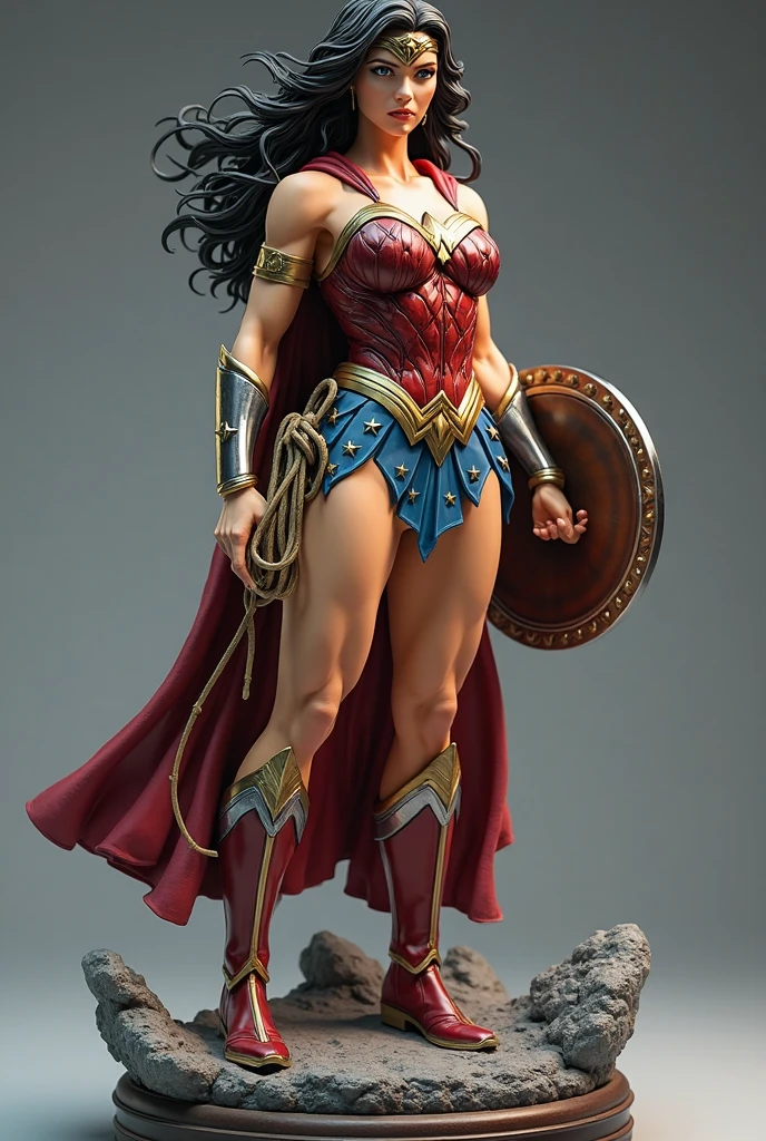 Mulher corpo musculoso, baseado na personagem mulher maravilha DC comics, traje de metal, cabelo preto longo, tiara de metal, steel bracelet.