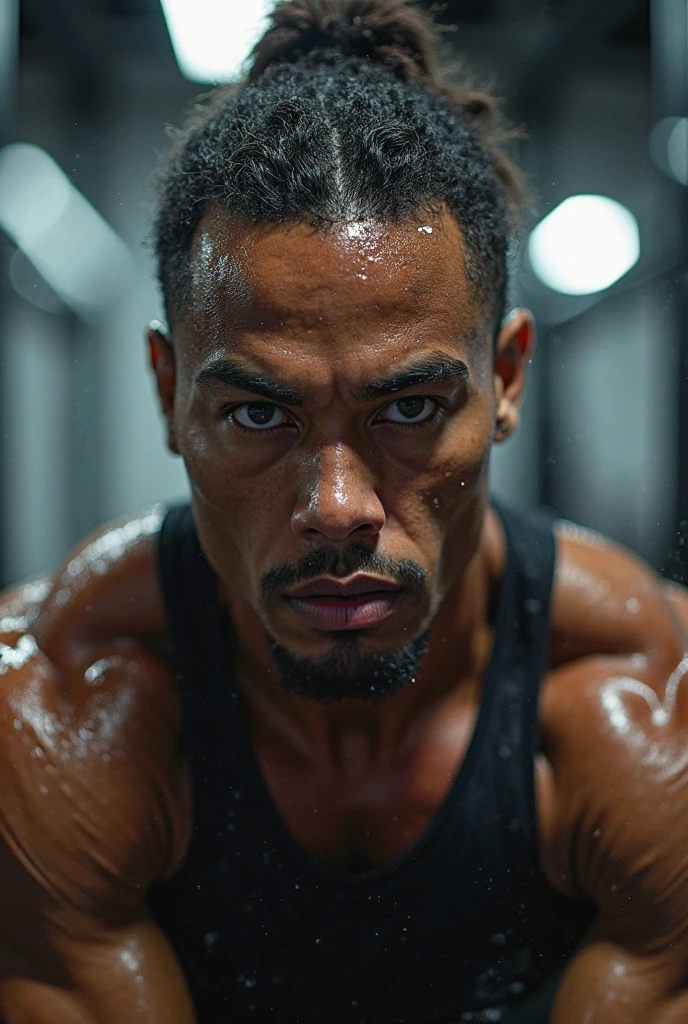 slow shutter, side view, close-up, face only, 25 years old, polynesian man, buff, fighter, industrial, shallow depth of field, naked, tough guy
