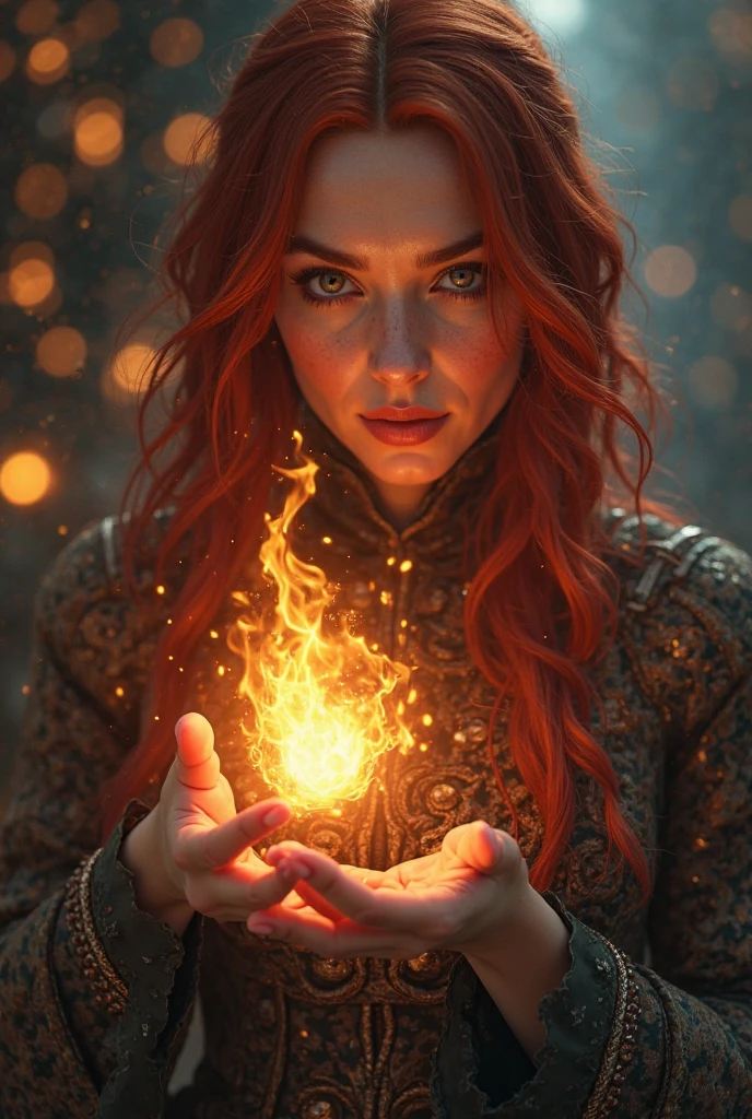 Highest quality high resolution dslr photo of a striking fire mage, radiating fierce energy, standing amidst swirling flames. 35mm photo, film grain, ISO 100. Her shoulder-length dark red hair complements an armoured dress made of chrome.  Her hands command orbs of infernal fire, weaving intricate patterns in the air. Behind them, a raging firestorm dances, casting dynamic shadows. The mage's eyes blaze with determination, embodying the raw power of combustion. Embers float in the air, leaving trails of smoldering light. The scene crackles with intensity, capturing the essence of fire's primal force.    There is an epic volumetric lighting creating a dramatic, cinematic look.
