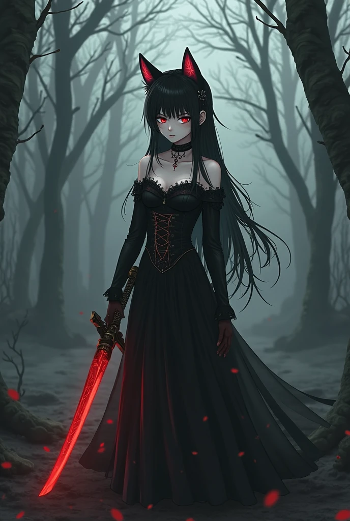 Imagine a dark and mysterious scene where a skeleton stands out. He is draped in an elegant black suit with slender red details, fitted perfectly to his skeleton, giving him an intriguing and formal appearance. The dark fabric contrasts with the white bones, highlighting each joint and bone structure. His fleshless skull is clearly visible, with deep shadows in the eye sockets, imparting an air of mystery to his figure. Its empty eyes glow with an otherworldly light, an ethereal glow that seems to pulse with a sinister energy. The void where the eyes should be conveys a feeling of desolation and power at the same time. In the background, a dark scene unfolds, with twisted trees and dry leaves scattered across the ground, as if nature itself were dead. The faint moonlight shines through the dense clouds, casting a pale, cold glow over the scene. The dim lighting only adds to the sense of unease, slightly highlighting the skeletal figure and making its presence even more menacing. This image depicts an enigmatic and skilled skeleton, dressed in an elegant and frightening suit. His sinister figure and shadowy presence convey a sense of imminent danger, while his empty eyes reveal a deep, disturbing abyss. Please create a work of art that captures the essence of this description, using your imagination to enhance the haunting atmosphere and tension of the scene.