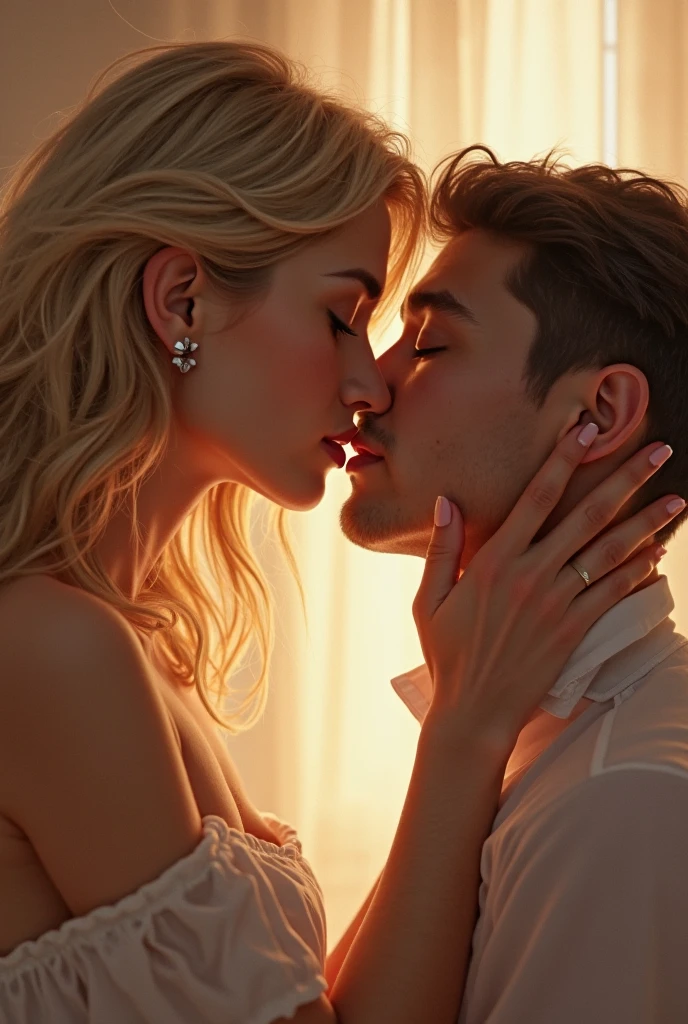 (BlowJobFullQuiron style), 1girl, long hair, blue eyes, blonde hair, 1boy, hetero, penis, solo focus, mole, sweater, lips, pubic hair, uncensored, erection, oral, fellatio, male pubic hair, realistic