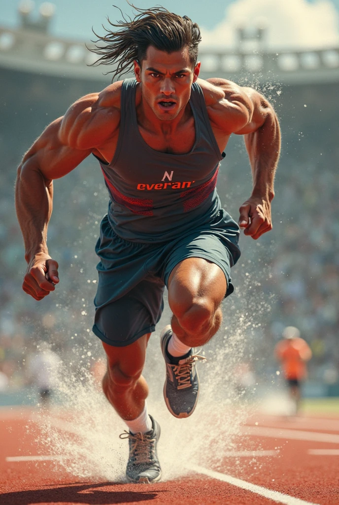 Very sweaty muscular CrossFit man running in running vest with numbers, running away from athletes, trying to grab his scared naked face