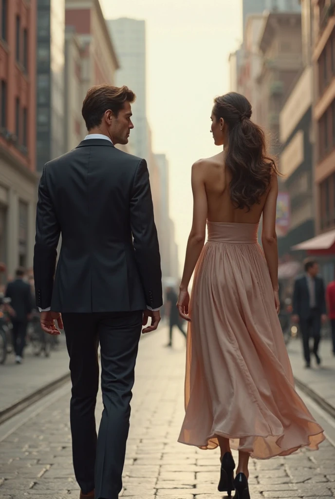 naughty man, walking backwards with a woman, on the sidewalk, chatting
