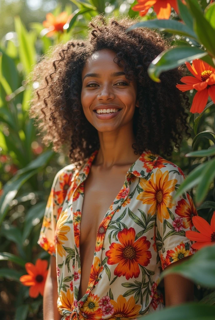 A Brazilian woman in a lush tropical garden, wearing an open shirt with a floral print, with a close-up capturing the harmonious beauty between her breasts and the natural flowers, showing off your natural charm and outgoing personality.