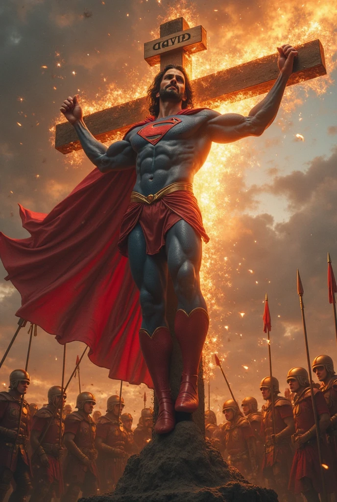 Image of muscular DC COMICS Superman, human body, human anatomy, holding a dumbbell with his right hand, left hand closed, costume identical to that of DC COMICS, with cyborg details, showing full body, perfect face, perfect boots, laser beams coming out from your eyes, highly detailed, super definition, 8k, showing the statue of Christ the Redeemer in the city of Rio de Janeiro January in flames. Cinematic image.