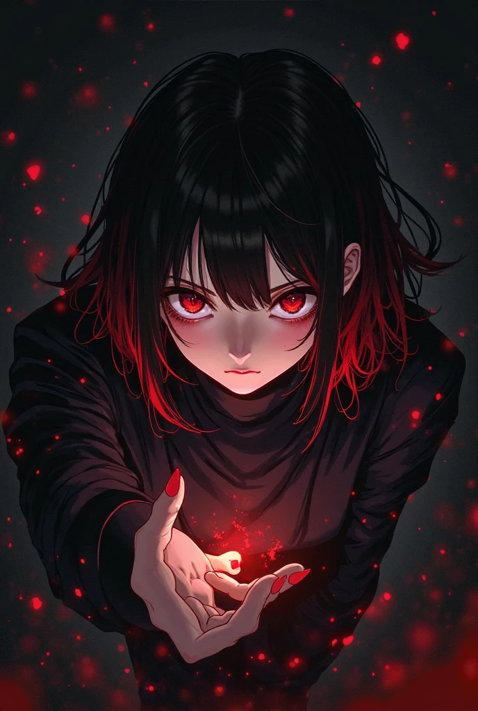 best quality, masterpiece, highres, solo, 1girl, , standing, arms at sides, long hair, portrait, shade, iridescent hair, necklace, simple background, detailed, Dark red theme, luminescence, Tech Noir