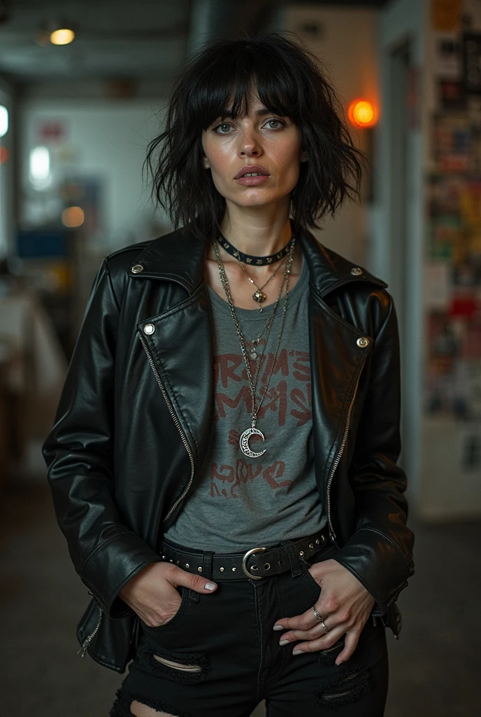 Brune, tattooed, medium short hair, yeux claire, average tits 