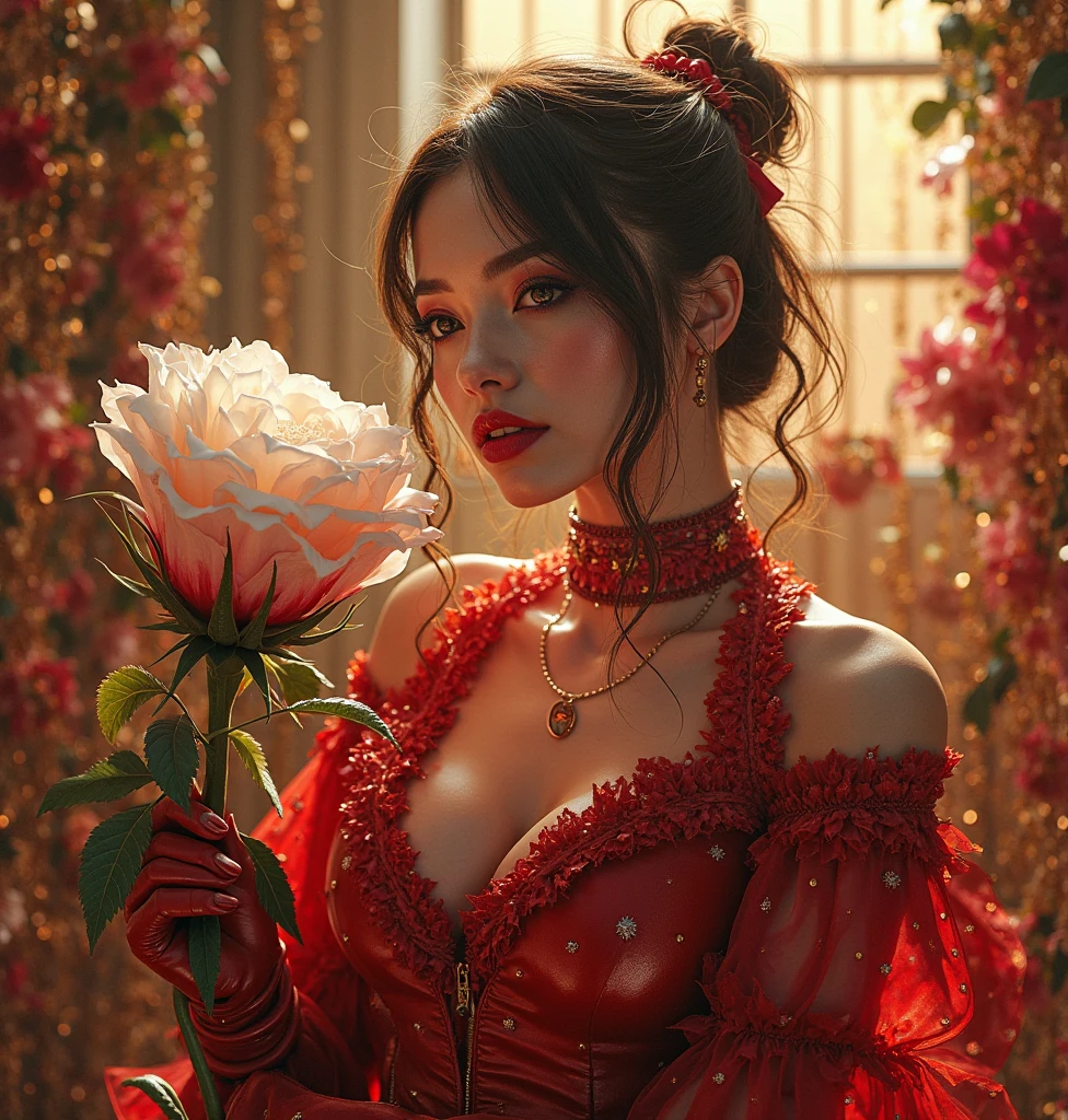 a woman in a red dress, holding red roses, front view, red roses, derevschikova, alexis flower, huge breasts, cleavage, smiley face, smile on face, roses background, beautiful sexy woman photo, in red rose background, on a red background, female model, roses, with a beautifull smile.
