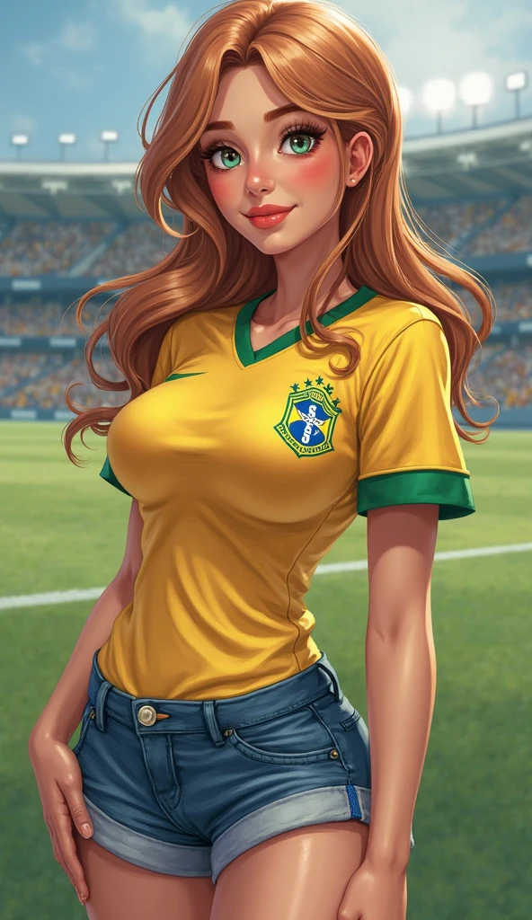 realistic photo, hot woman, skin tanned, blue colored eyes, black hair, big silicone breasts, Waist slender, thick-thighs, tattoo on arm, white nails, red lipgloss stick, gold hoop earrings, Vasco da Gama shirt, jeans, at the football stadium, standing